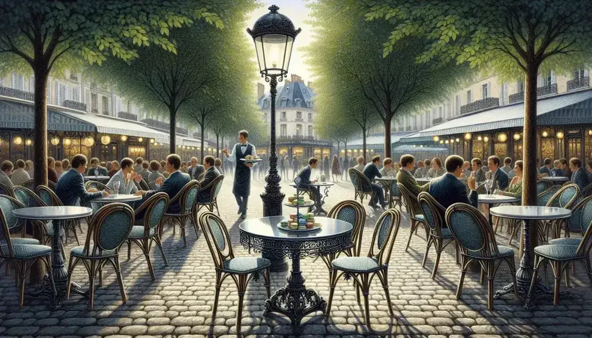 Vibrant French café scene with patrons at wrought iron tables, a waiter serving macarons, and classic architecture in the background.