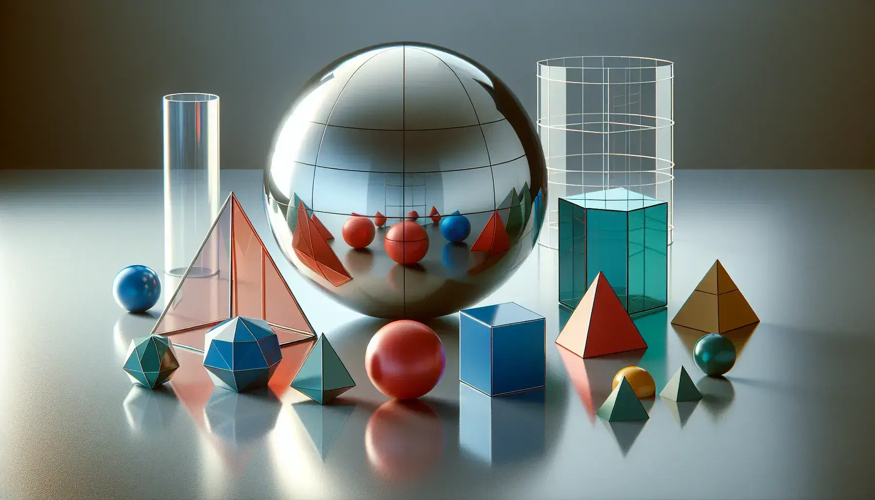 Three-dimensional geometric shapes on reflective surface with metallic sphere, red tetrahedron, blue cube, transparent cylinder and green cone.