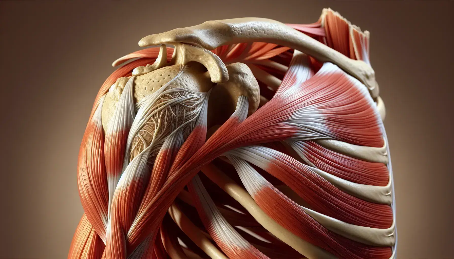 Vista anatómica detallada de la articulación del hombro humano con músculos del manguito rotador, tendones y huesos, destacando su compleja estructura y función estabilizadora.
