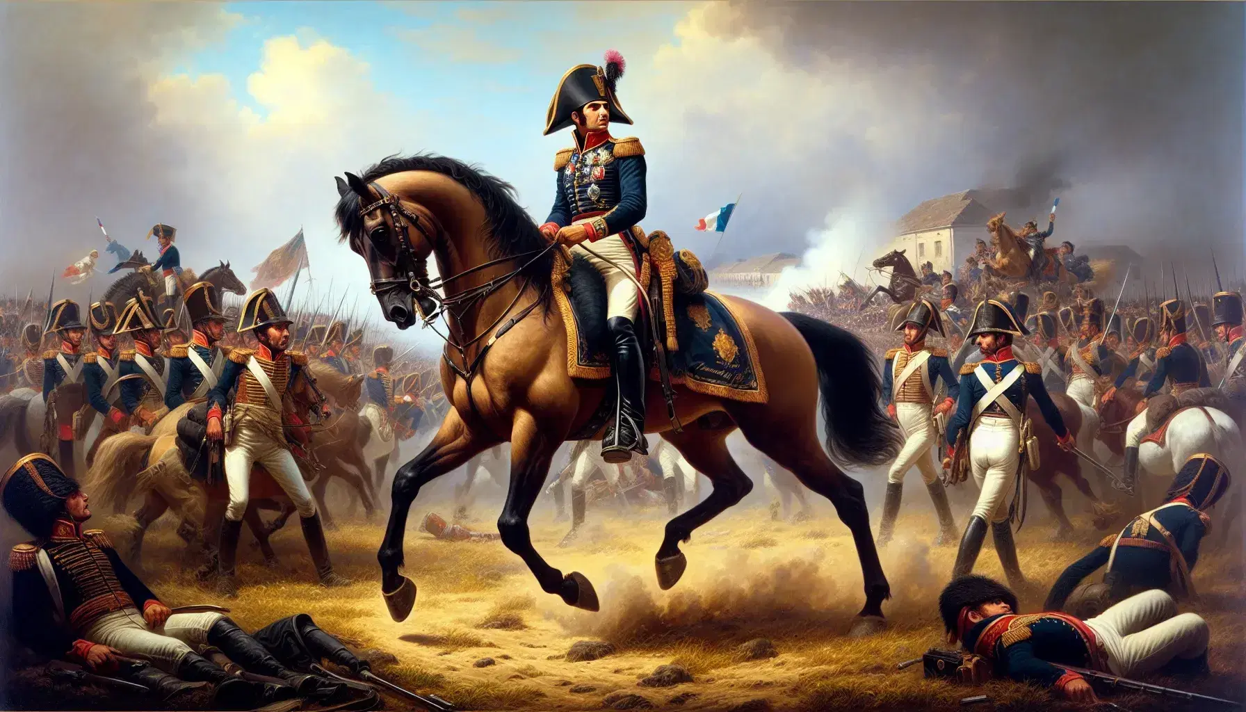 Dipinto storico di un comandante militare a cavallo in battaglia, con uniforme blu, dettagli rossi e oro, in Italia del tardo XVIII secolo.