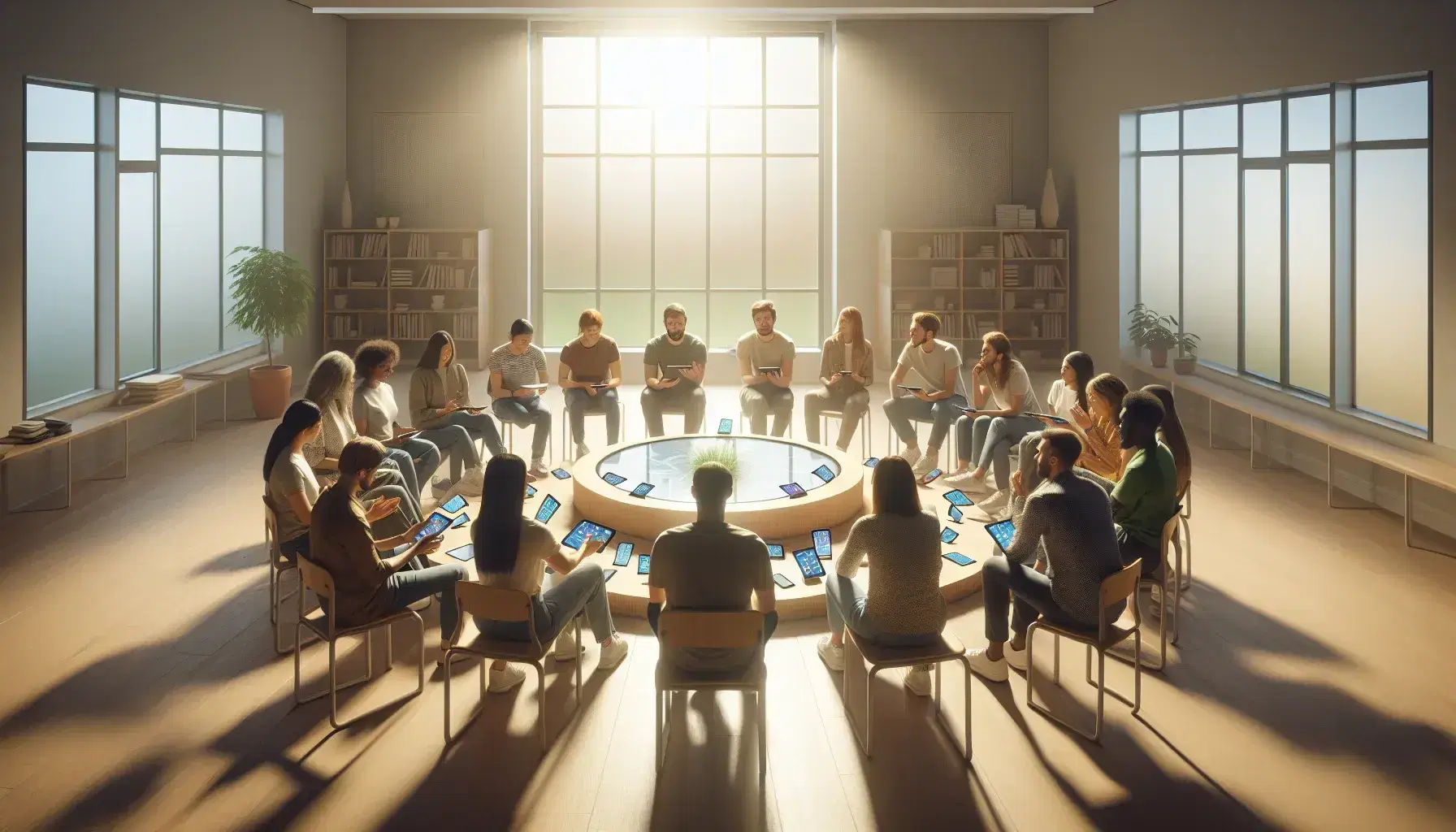 Grupo diverso de personas sentadas en círculo con dispositivos digitales en una sala iluminada, interactuando y conversando en un ambiente colaborativo.