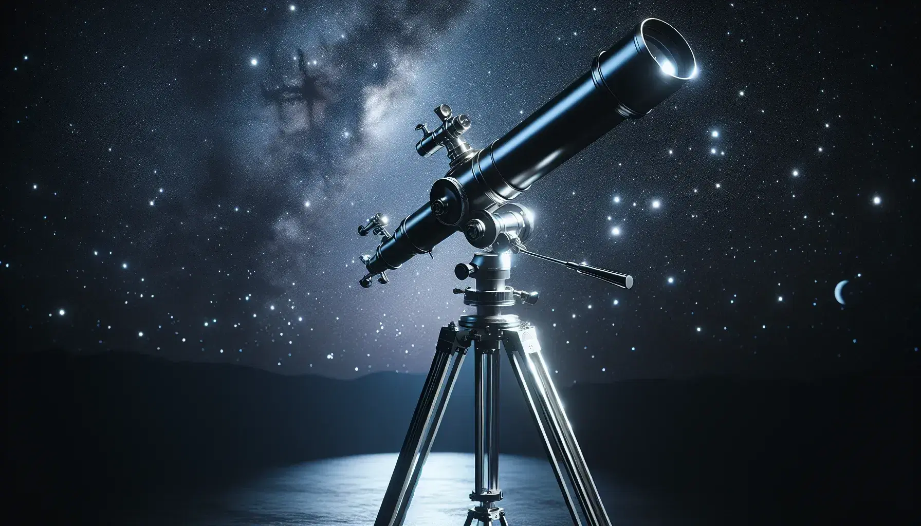 Telescopio rifrattore classico su treppiede regolabile puntato verso un cielo stellato con sfumature da blu scuro a nero.