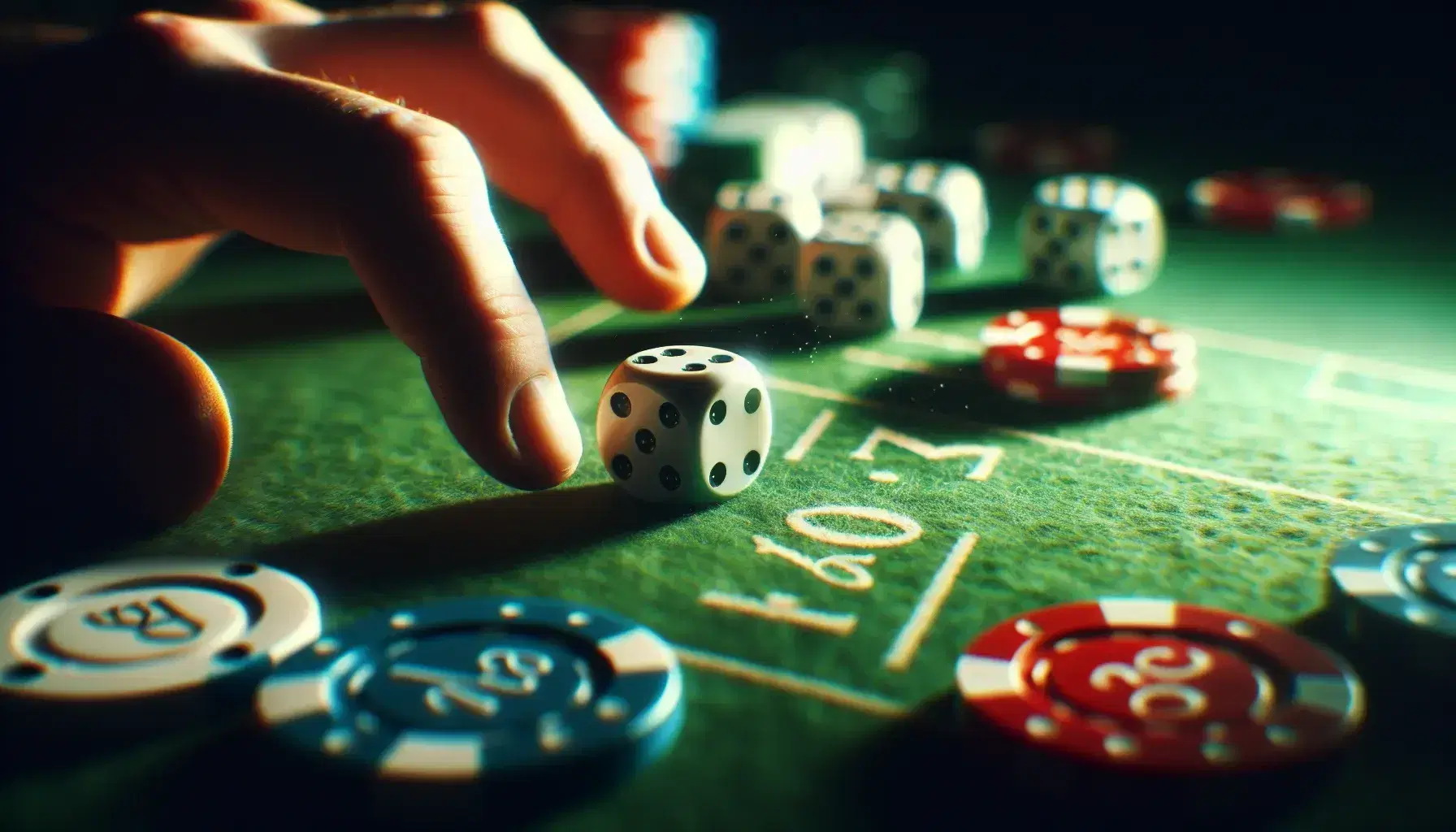 Close-up view of hands rolling a white and a red six-sided dice on a green felt table with blurred colorful gaming chips in the background.