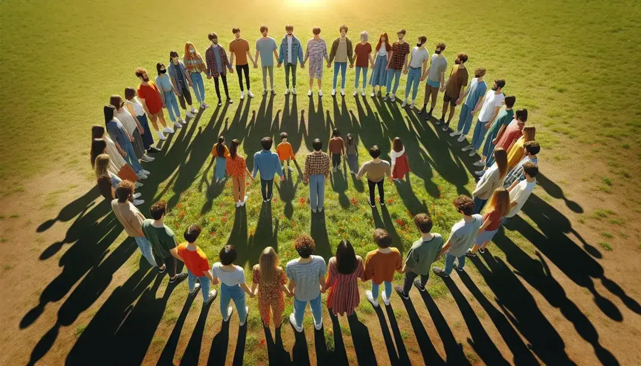 Círculo de personas diversas tomadas de las manos en un campo de hierba, con sombras alargadas que indican un amanecer o atardecer.