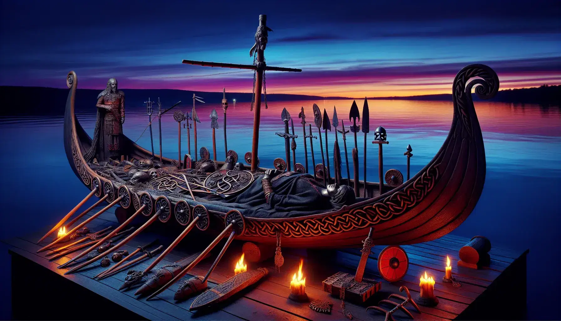 Viking funeral at dusk with a flaming longship on calm waters, surrounded by mourners in boats and a serene twilight sky reflecting the solemn scene.