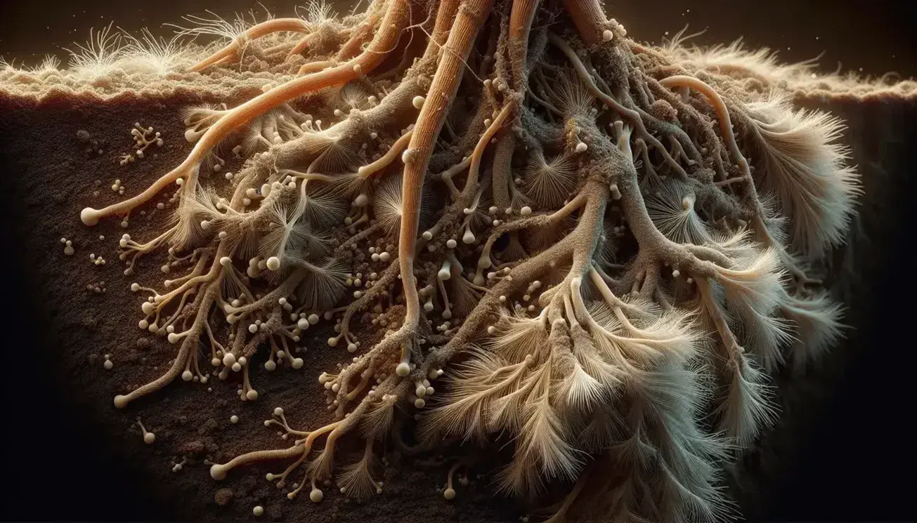 Close-up view of a plant root system intertwined with white fungal mycorrhizae against a dark soil background, highlighting symbiotic interactions.