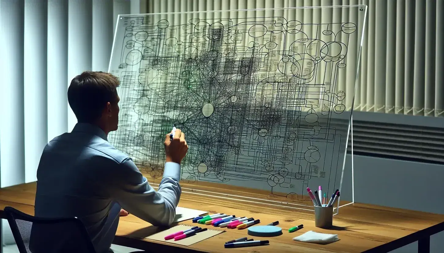 Person sitting at desk studying complex flowchart on clear acrylic whiteboard, using colored highlighters.