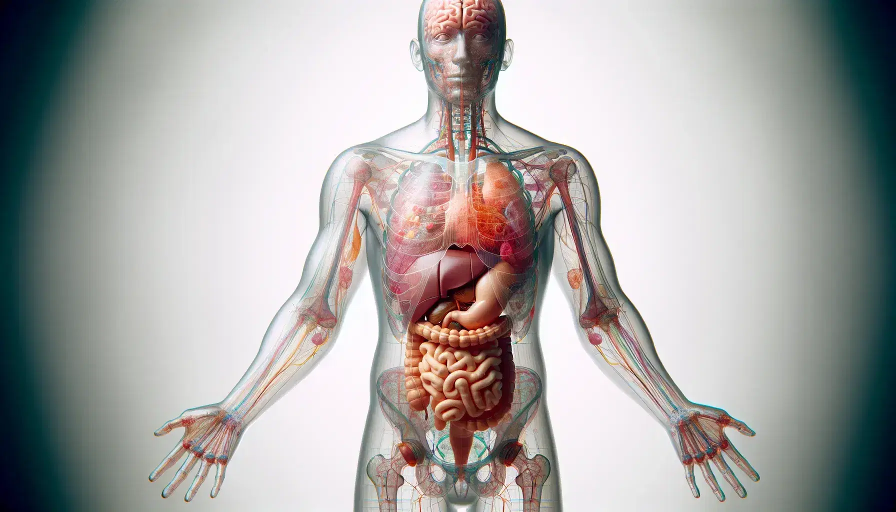 Figura humana transparente en posición anatómica estándar mostrando órganos internos y esqueleto, con cerebro, corazón, pulmones y huesos visibles.