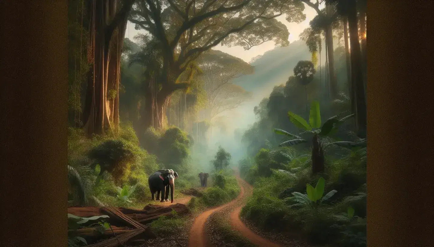 Dawn light bathes a Burmese jungle with an Asian elephant on a dirt path amid lush foliage and towering trees, with sunlight filtering through the canopy.