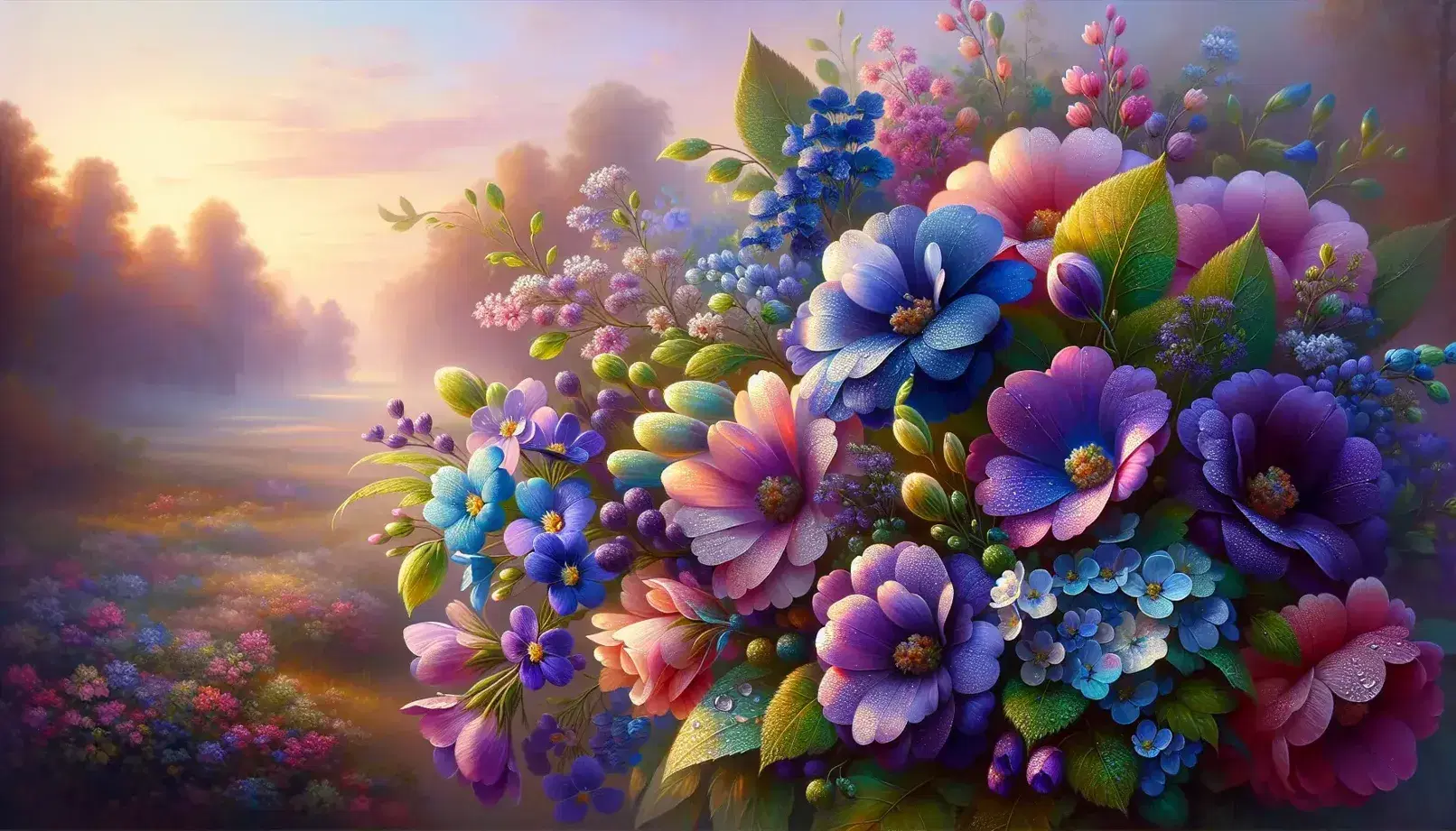 Mazzo di fiori freschi con tonalità viola, blu, rosa e giallo pallido, foglie verdi e gocce di rugiada, in un giardino sfocato al tramonto.