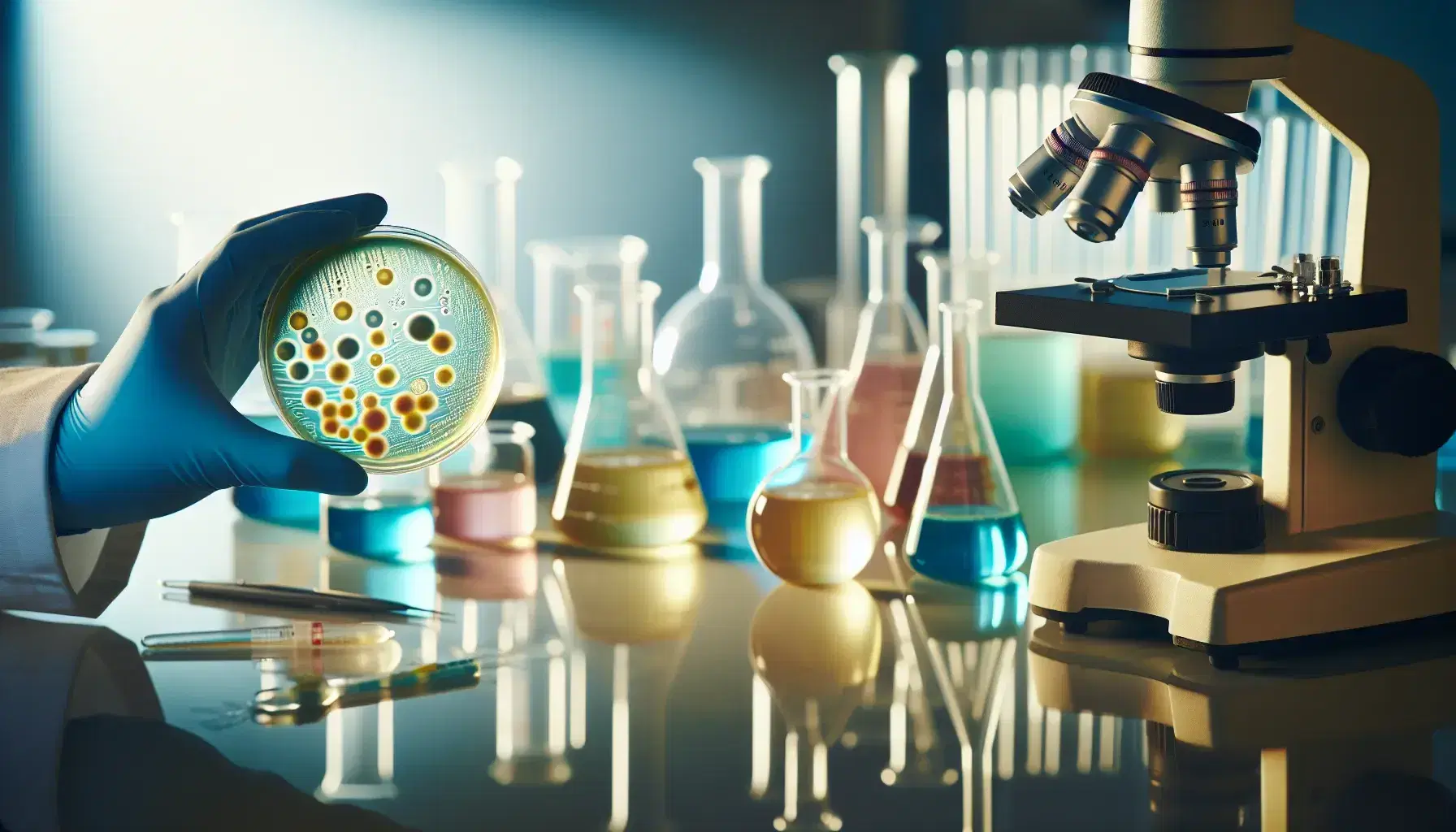 Gloved hands holding a petri dish with colorful bacterial colonies in a lab, with blurred glassware and a microscope in the background.