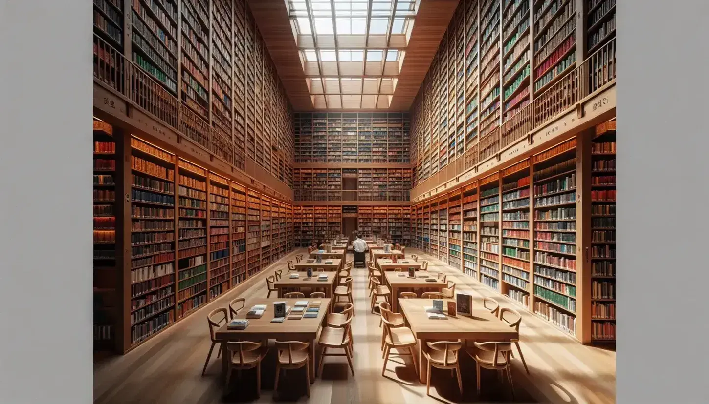 Biblioteca espaciosa y luminosa con estanterías de madera llenas de libros coloridos, mesas con libros abiertos y una persona leyendo.