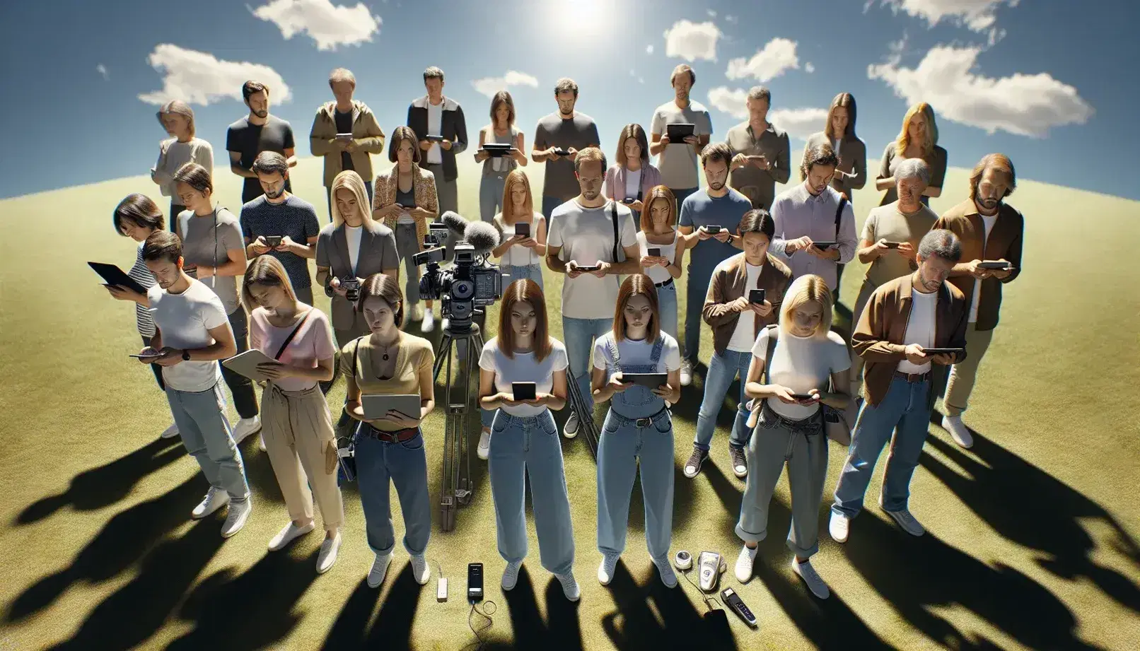 Grupo diverso de personas con dispositivos de comunicación al aire libre bajo cielo azul.