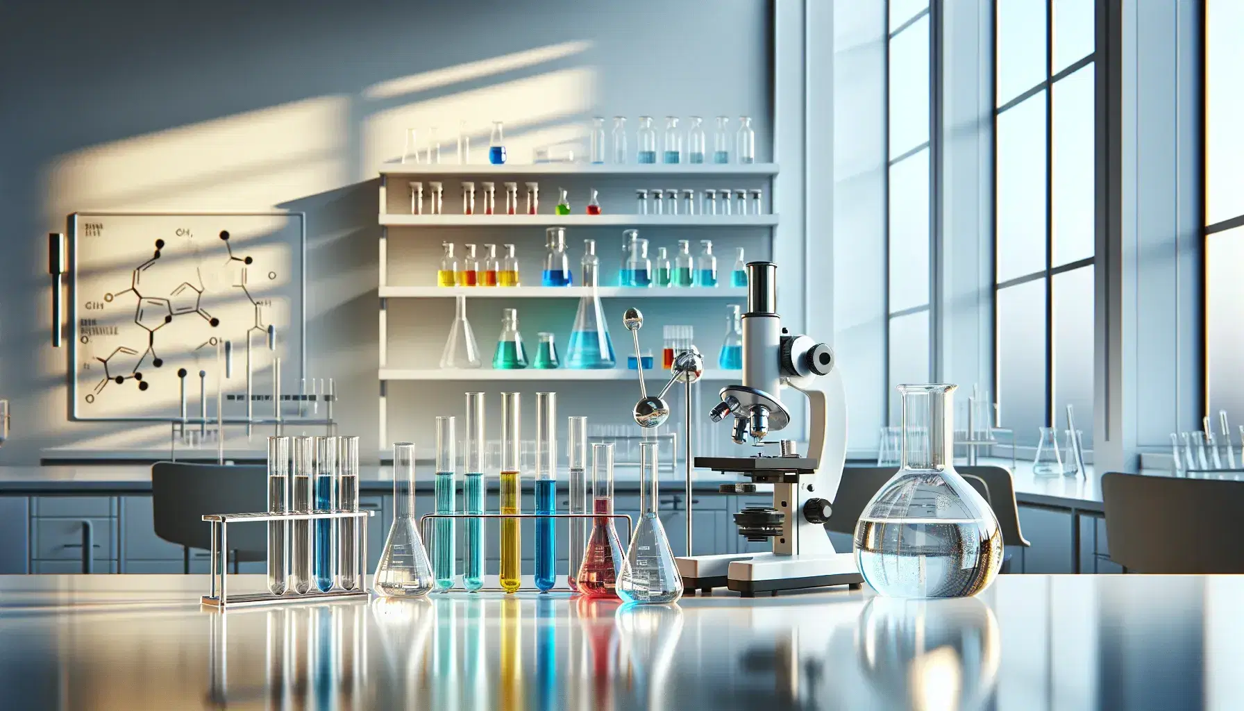 Laboratorio científico moderno con mesa blanca, microscopio plateado, frasco de Erlenmeyer y tubos de ensayo con líquidos de colores bajo luz natural.