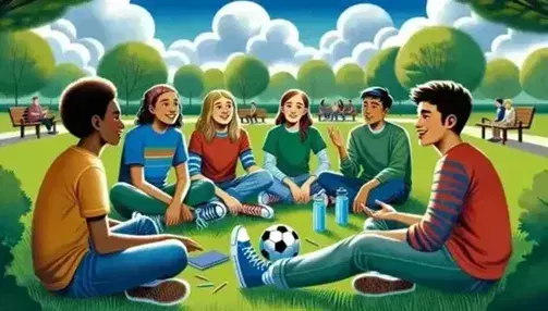 Grupo de adolescentes disfrutando de un día en el parque, sentados en la hierba con un balón de fútbol y una botella de agua, rodeados de árboles y bancos de madera.