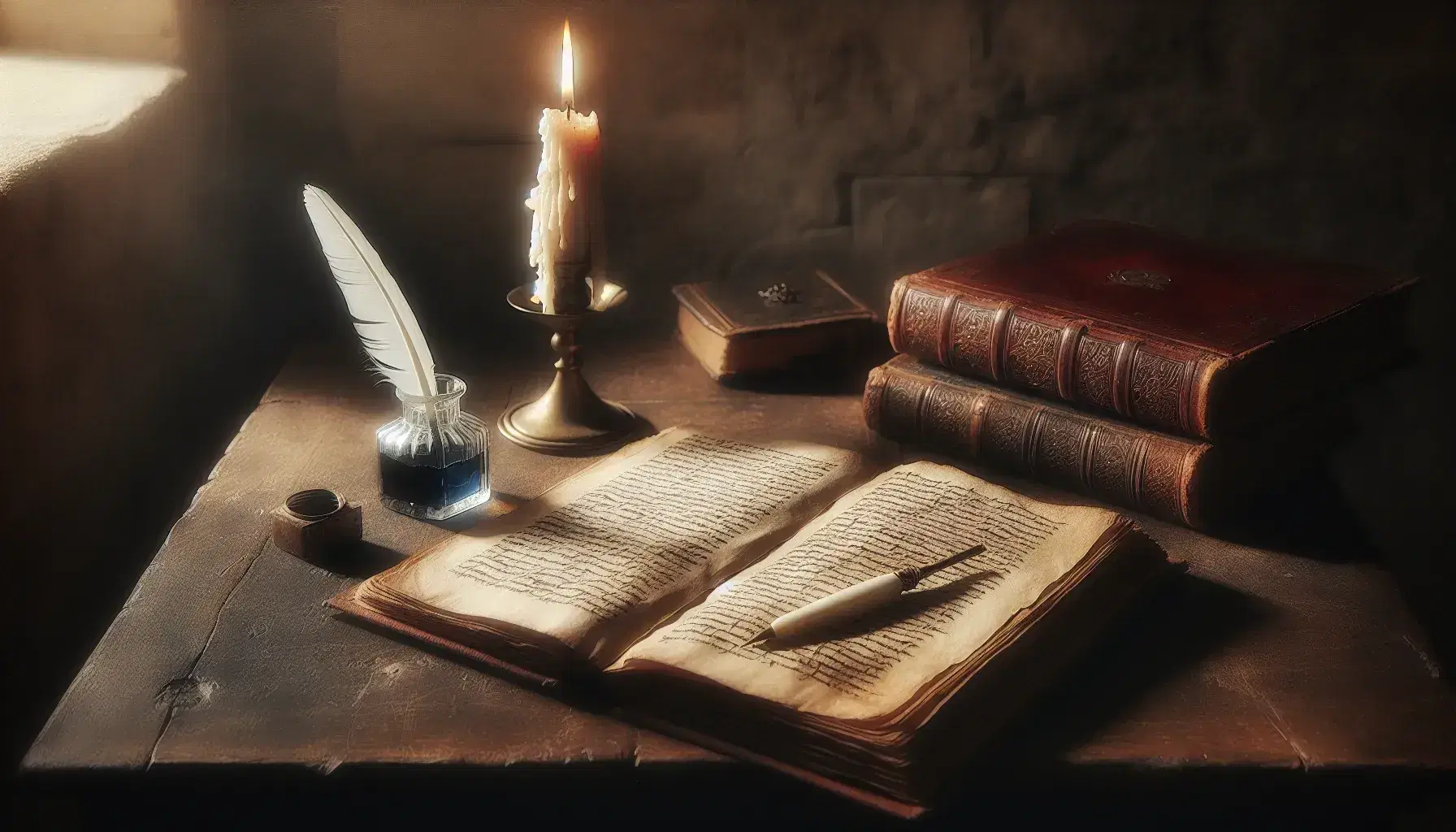Scrivania in legno scuro con libro antico aperto, penna d'oca e calamaio con inchiostro blu, candela mezza consumata su candelabro di ottone.