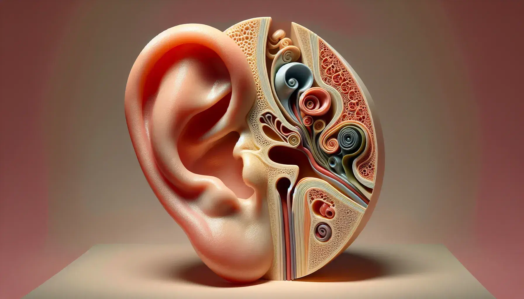 Vista detallada del oído humano mostrando la aurícula y una representación en color del oído interno y medio con tímpano, huesecillos y cóclea.
