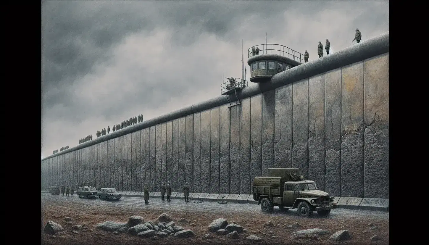 Berlin Wall during the Cold War with a concrete barrier, guard towers, no-man's-land, and a partial view of a military vehicle under a cloudy sky.