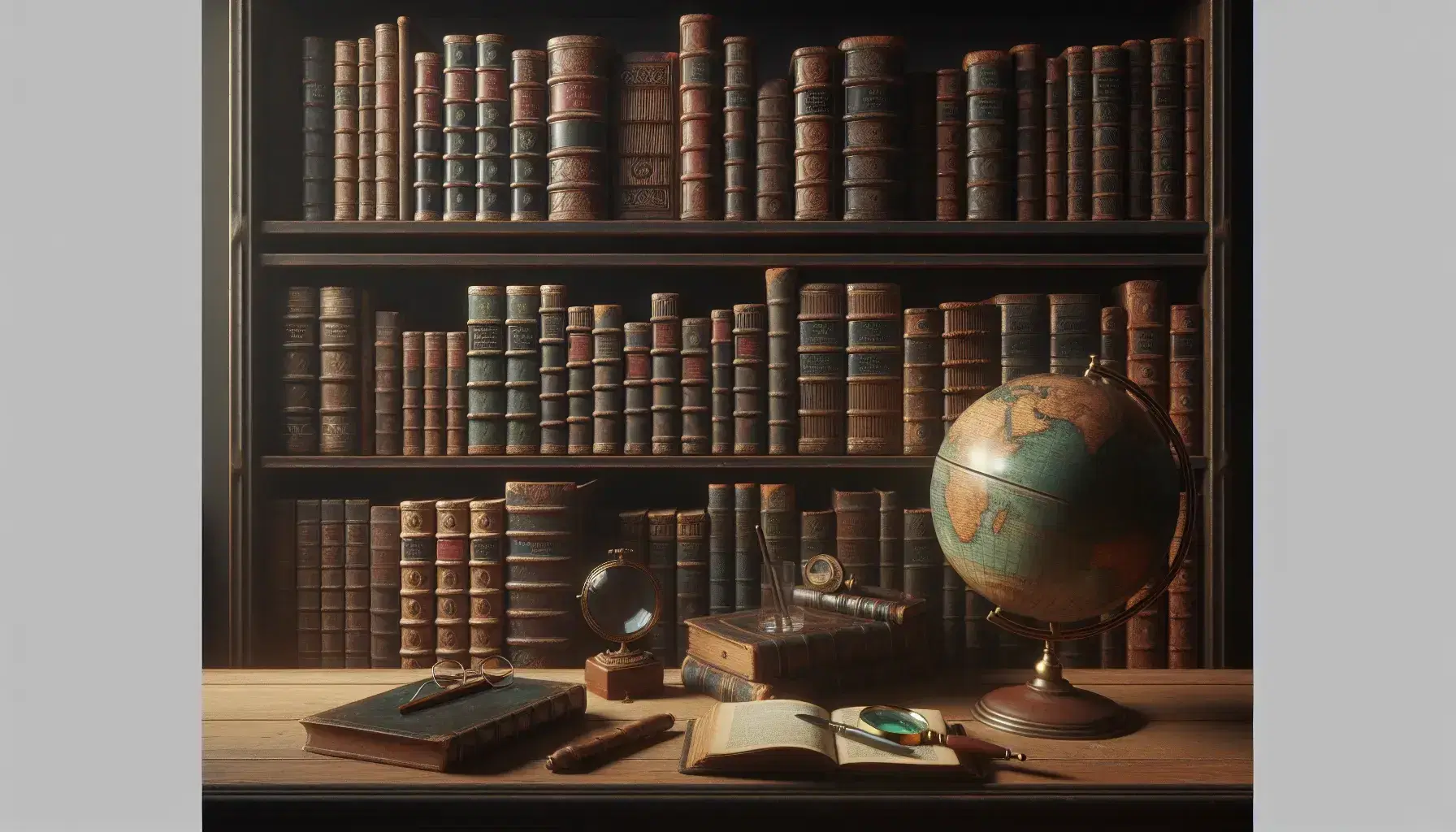 Estantería de madera oscura con libros antiguos de lomos de cuero, globo terráqueo antiguo, lupa y gafas sobre mesa, en ambiente cálido de estudio.