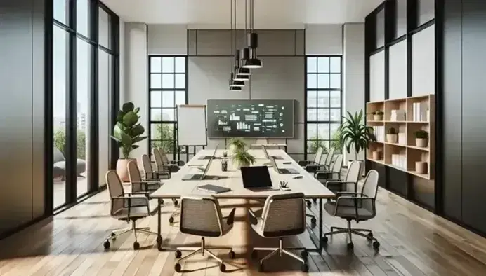 Oficina moderna y espaciosa con mesa de reuniones rodeada de sillas ergonómicas, portátiles, cuadernos y planta verde en maceta, iluminada por luz natural y lámparas LED.