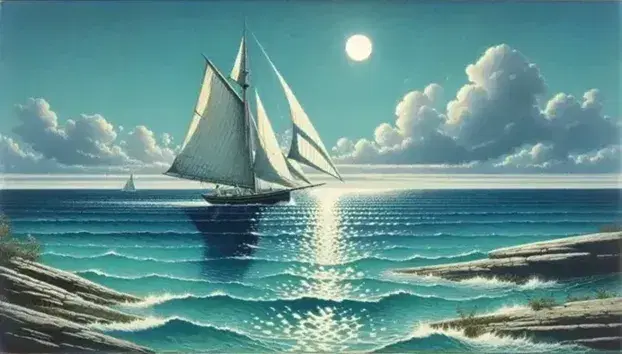 Vela bianca spiegata su piccola barca a vela in mare cristallino con sfumature di blu, cielo sereno e litorale roccioso.