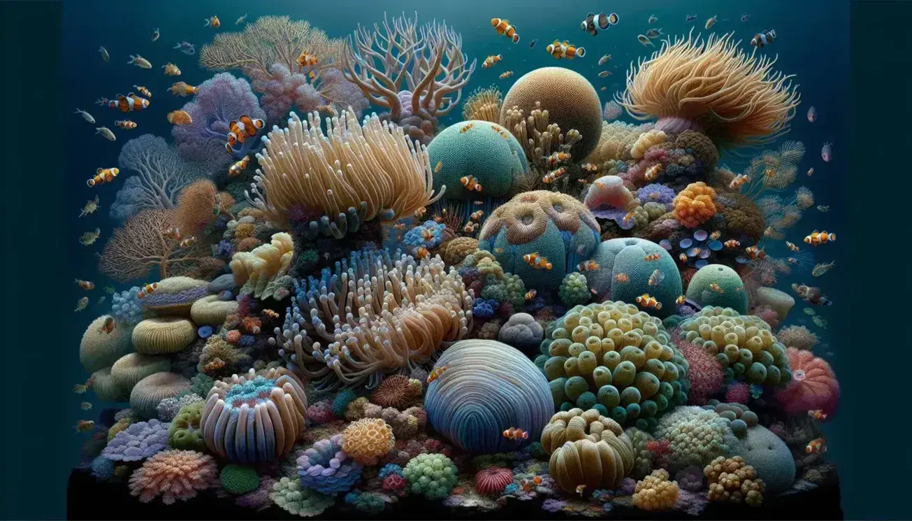 Vibrant underwater scene of a coral reef with colorful fish, corals, anemones and divers in the distance, reflections of sunlight on the seabed.