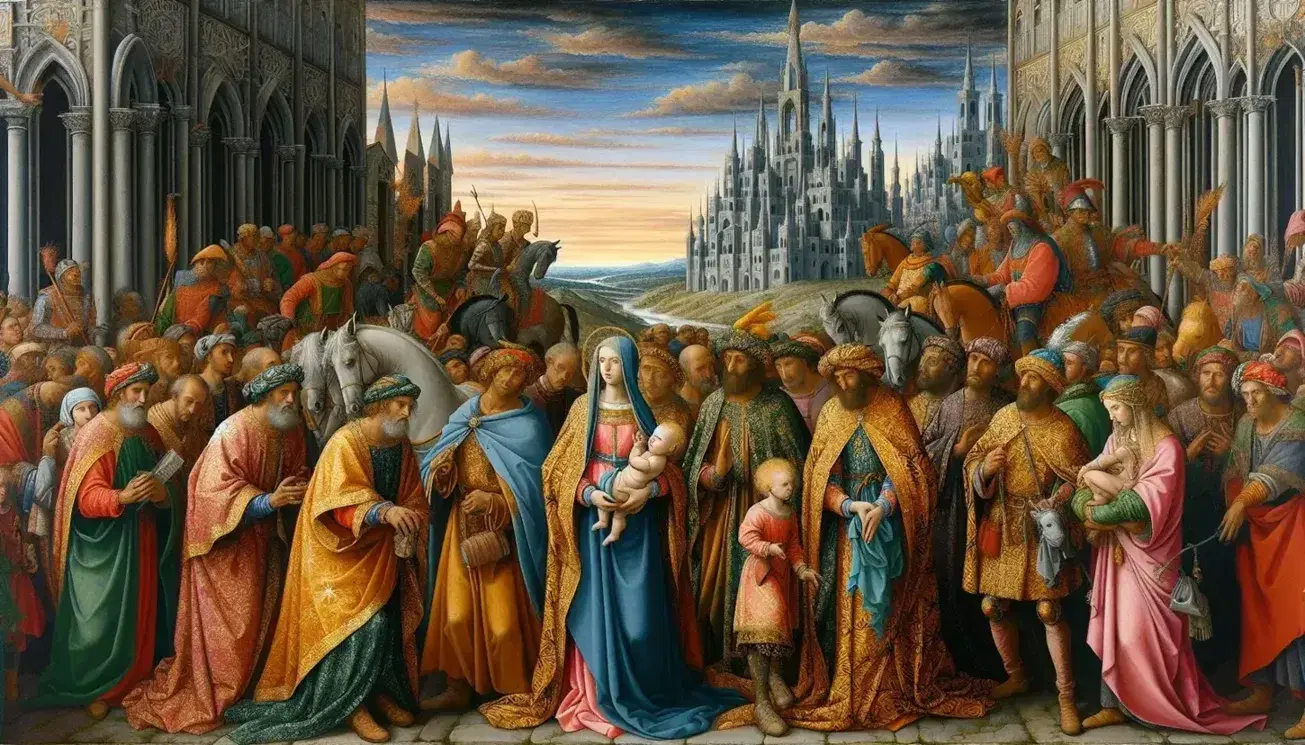 Adorazione dei Magi di Gentile da Fabriano, dipinto medievale con Magi in abiti sontuosi, Madonna col Bambino, architettura gotica e dettagli dorati.