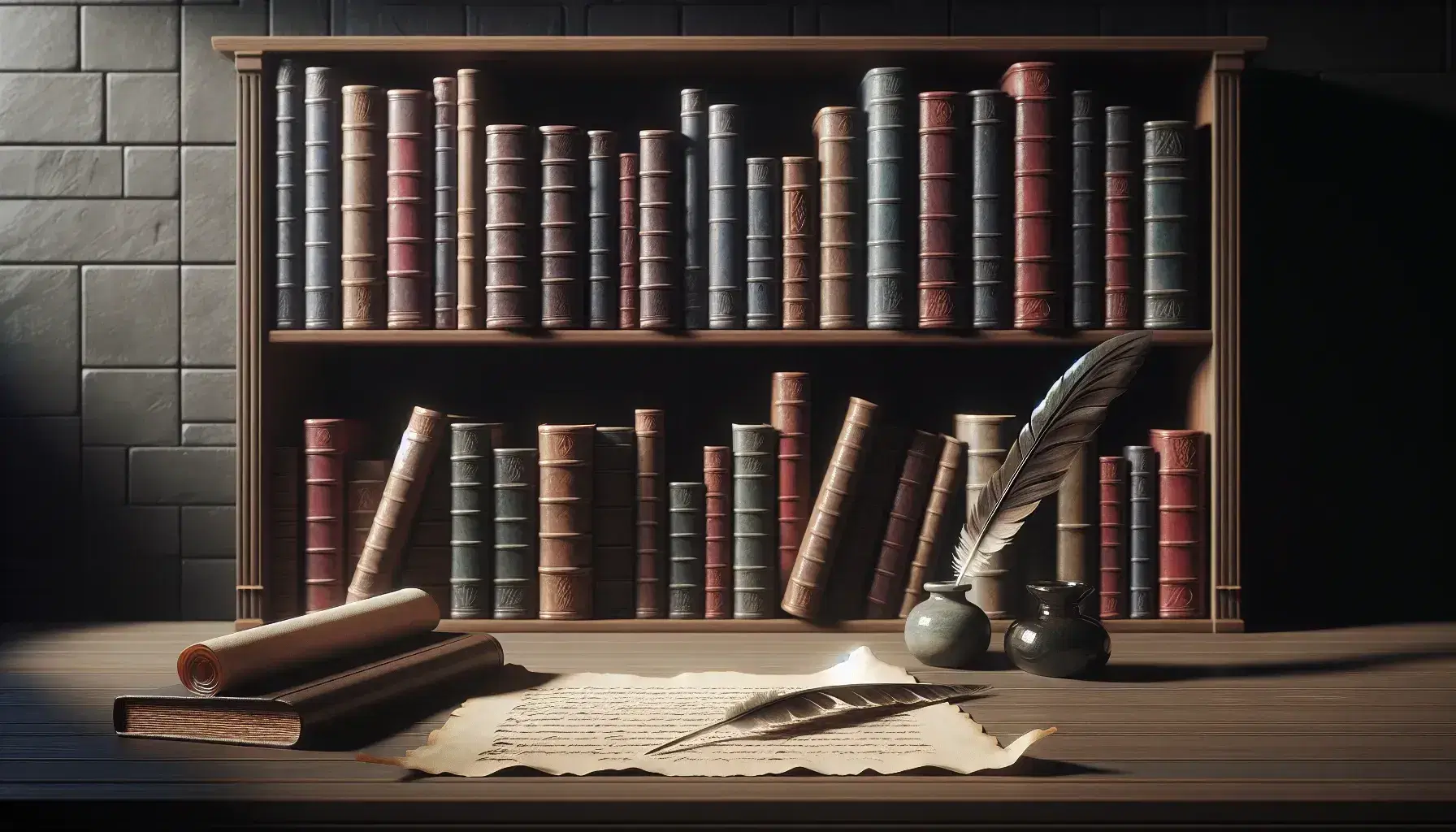 Estantería de madera oscura repleta de libros variados frente a una mesa con pergamino antiguo, pluma de ave y tintero de cerámica bajo luz suave.