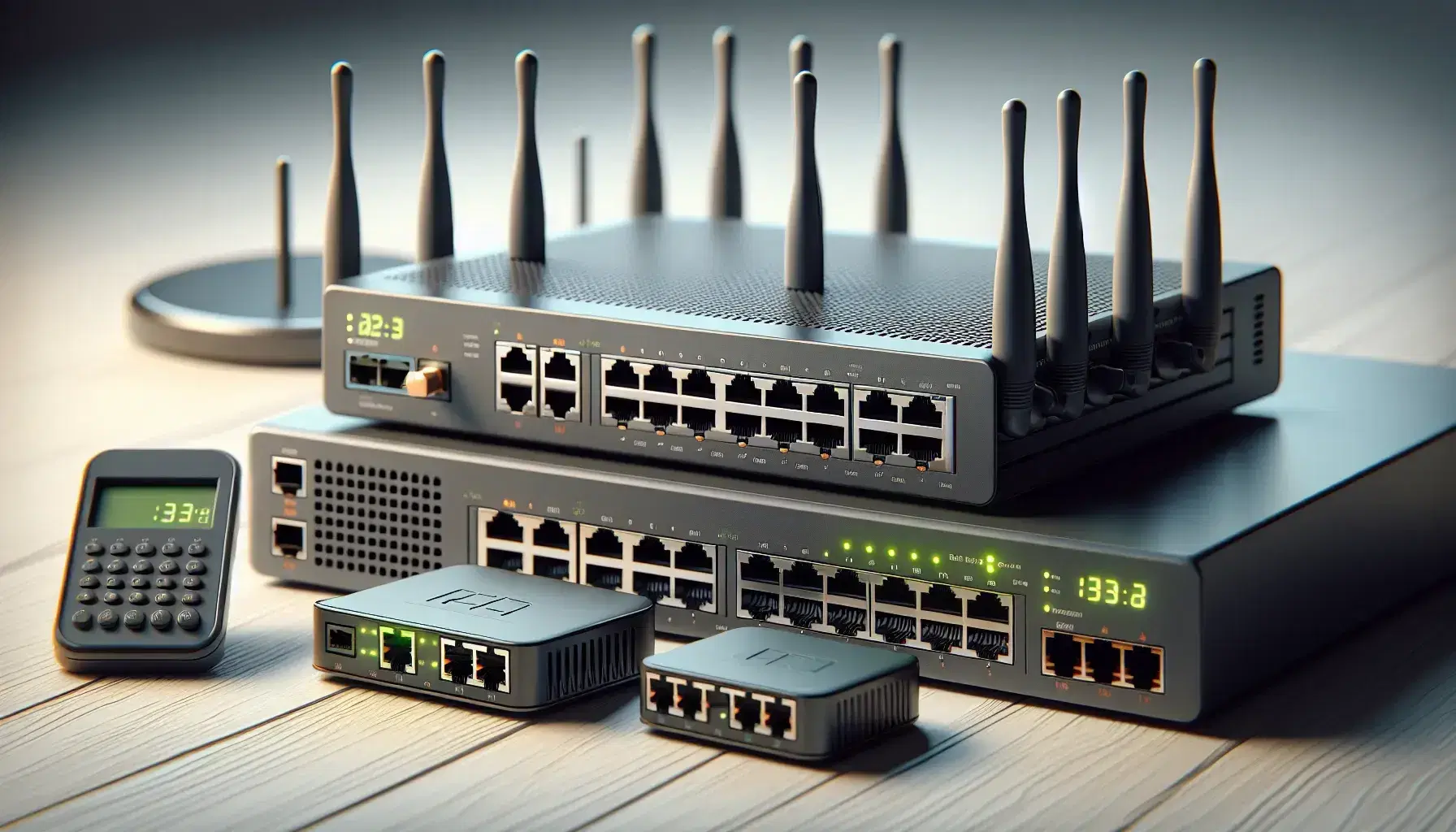 Dispositivi di rete su superficie in legno chiaro: switch grigio spento, bridge nero, router moderno con antenne e access point bianco.