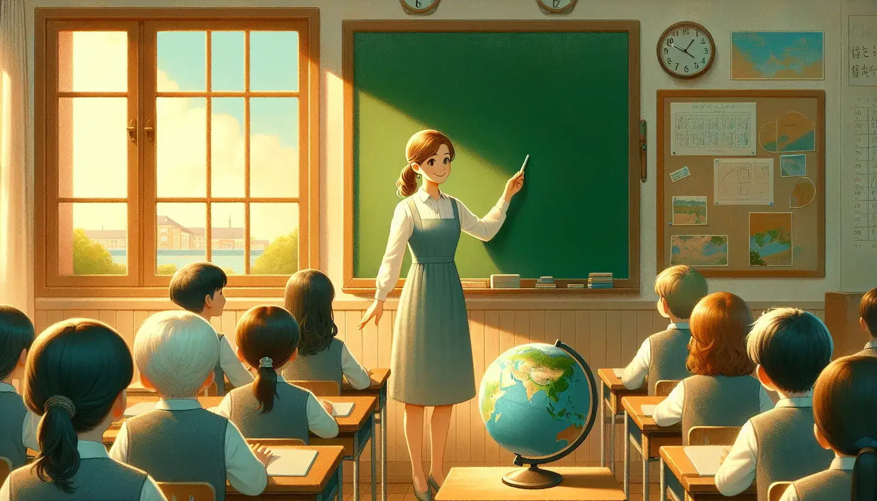 Insegnante donna davanti a lavagna verde spiega lezione a studenti in uniforme in aula luminosa con finestra aperta e mappamondo.