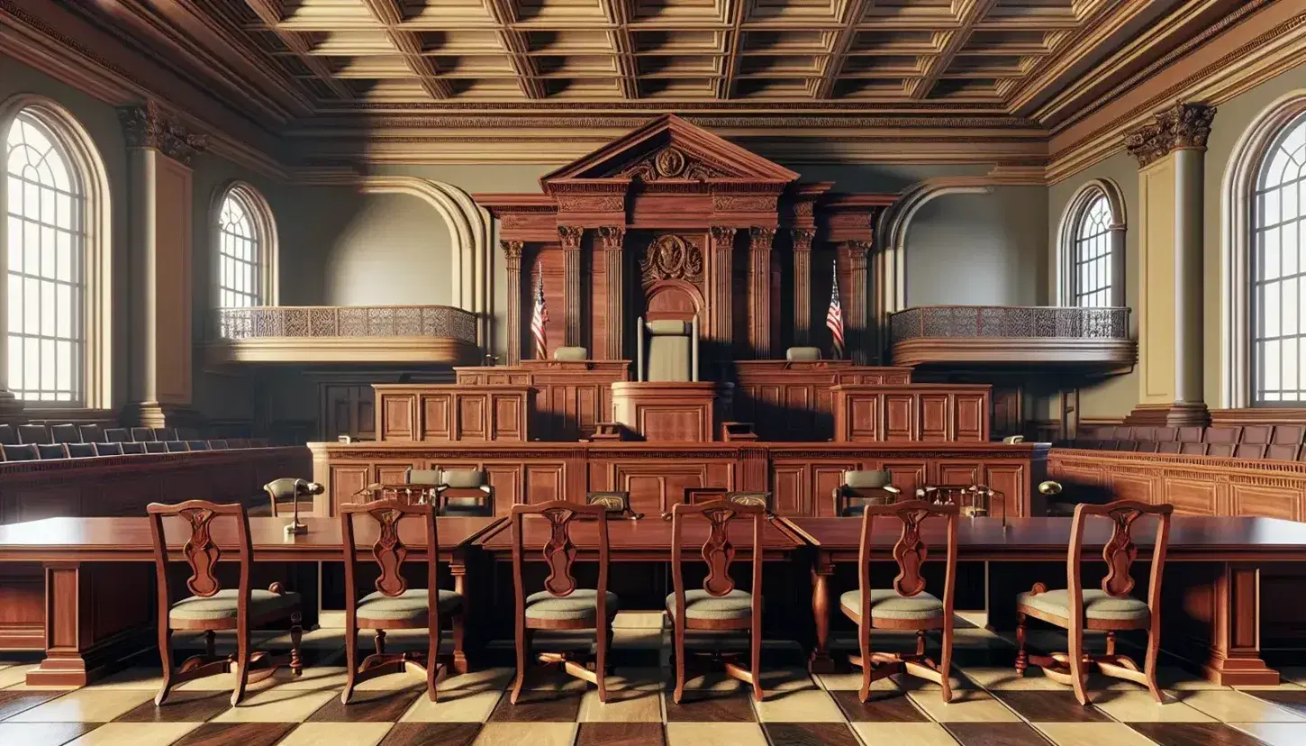 Elegant courtroom interior with a polished mahogany judge's bench, oak tables, checkered floor, arched windows, and two side flags.