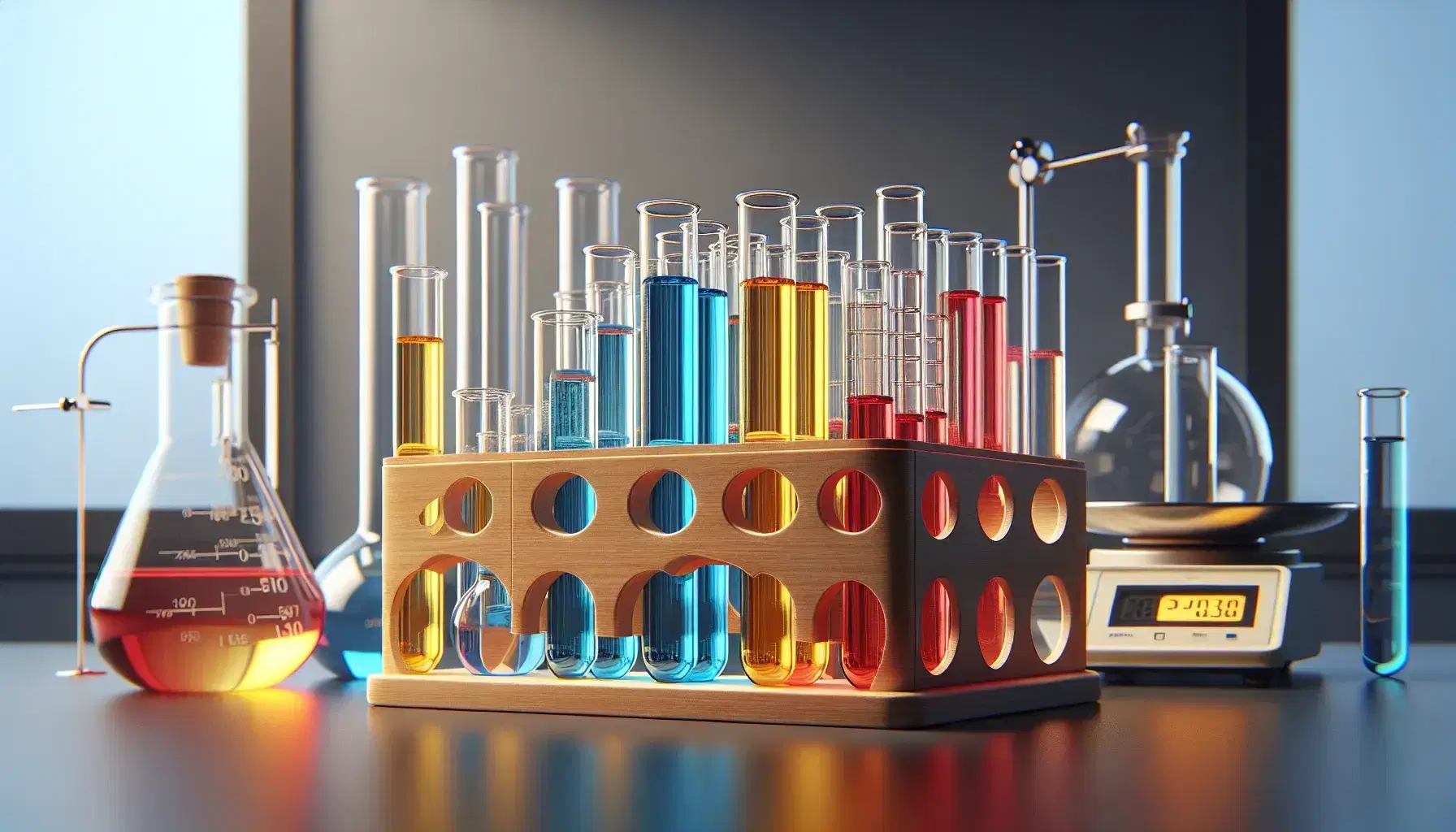 Tubos de ensayo de vidrio con líquidos coloridos en soporte de madera sobre mesa de laboratorio, balanza analítica y matraz Erlenmeyer al fondo.