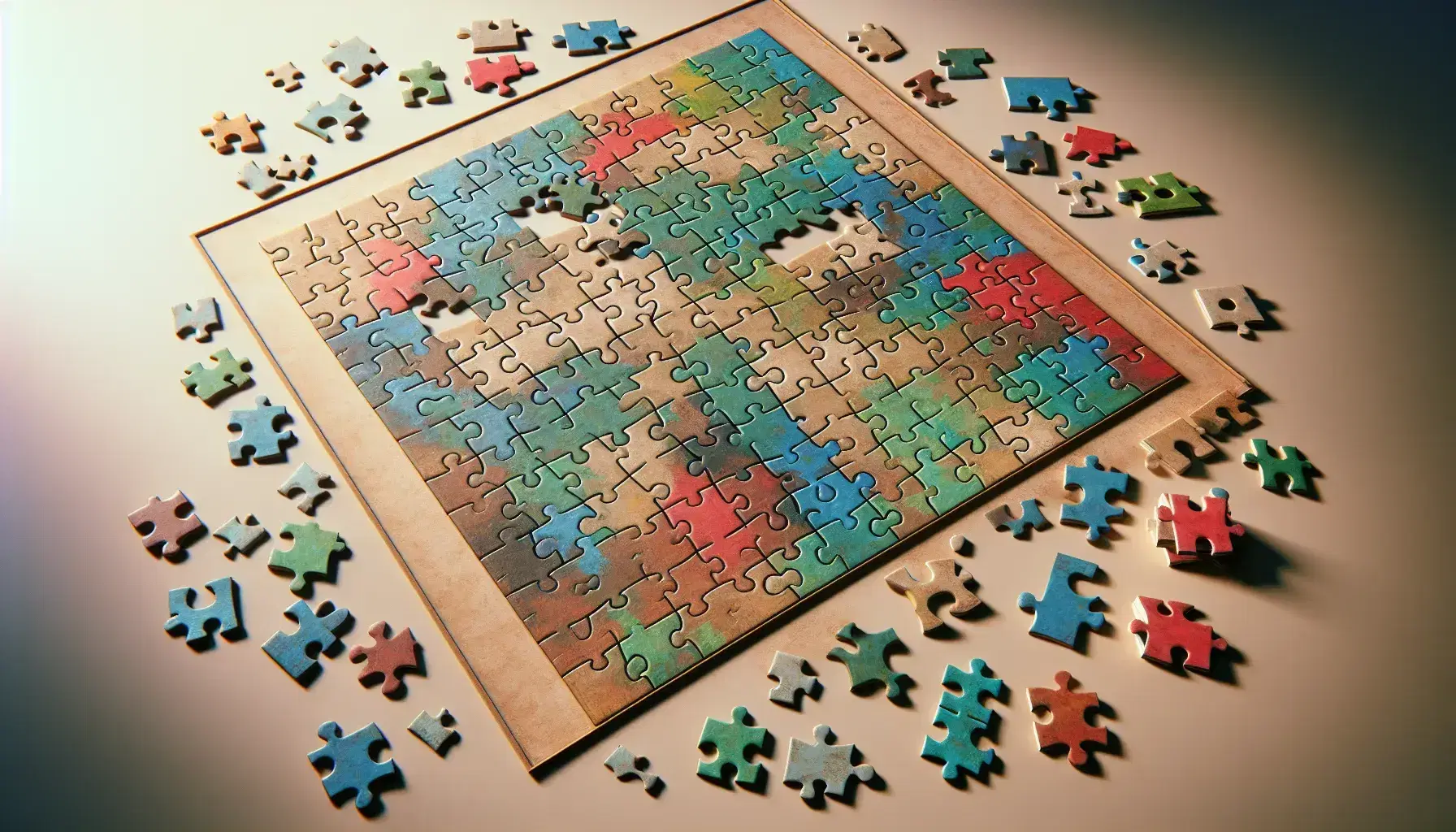 Puzzle incompleto con pezzi colorati sparsi su superficie neutra, alcuni collegati formano sezioni di un'immagine non identificabile.