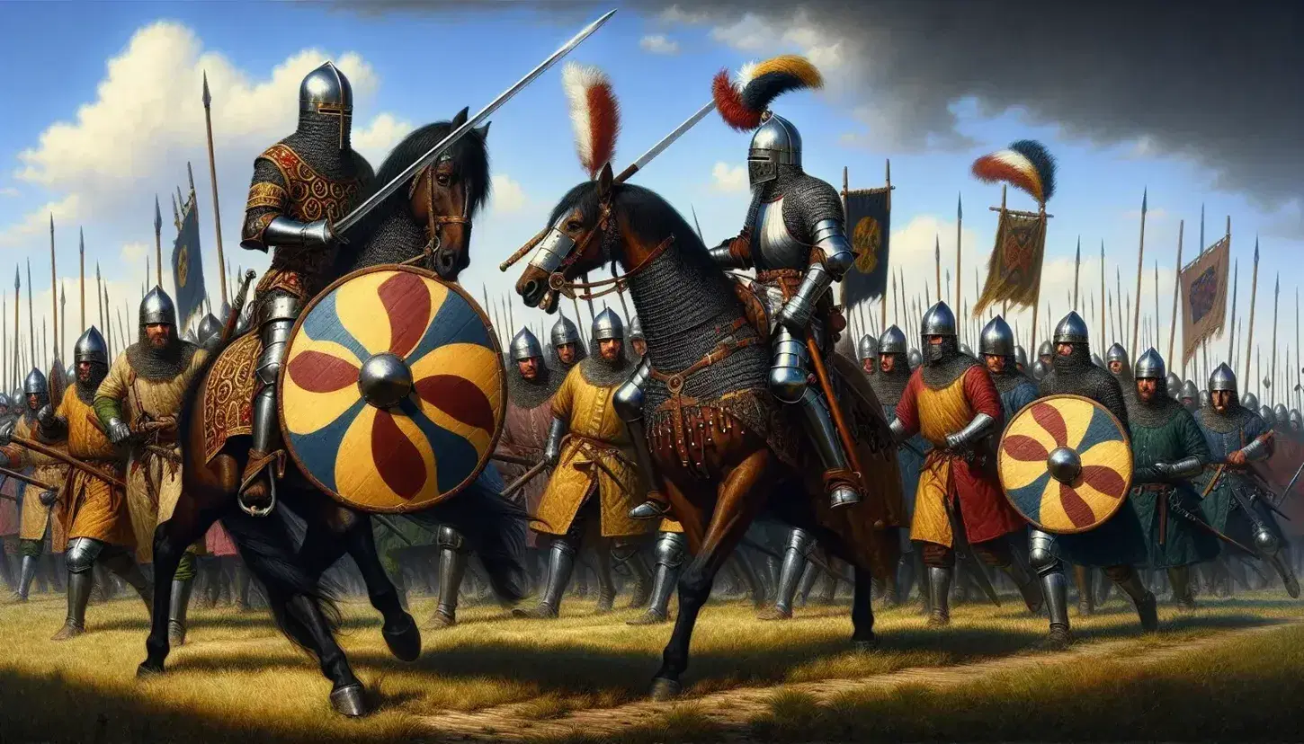 Escena de combate medieval en campo abierto con guerreros armados, uno a caballo y otro a pie, bajo un cielo azul claro.