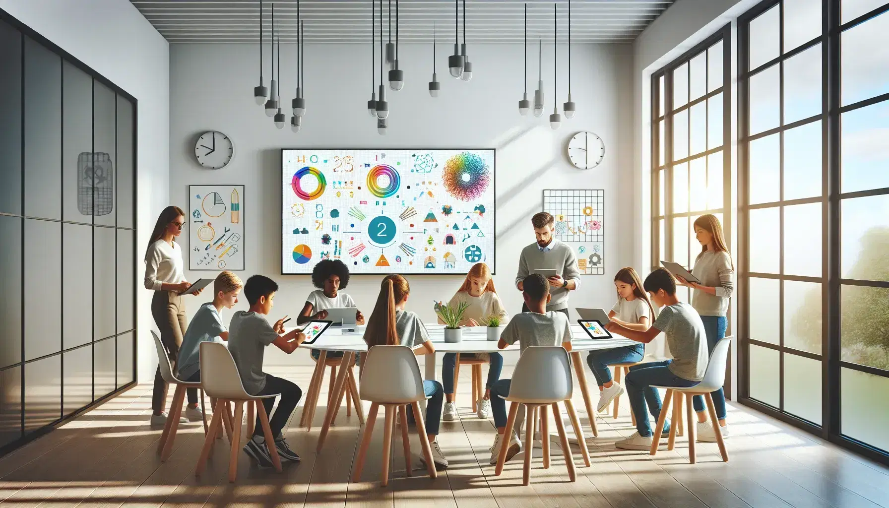 Aula moderna y luminosa con estudiantes diversos usando tabletas digitales y maestro apoyando, rodeados de plantas y sin textos visibles.