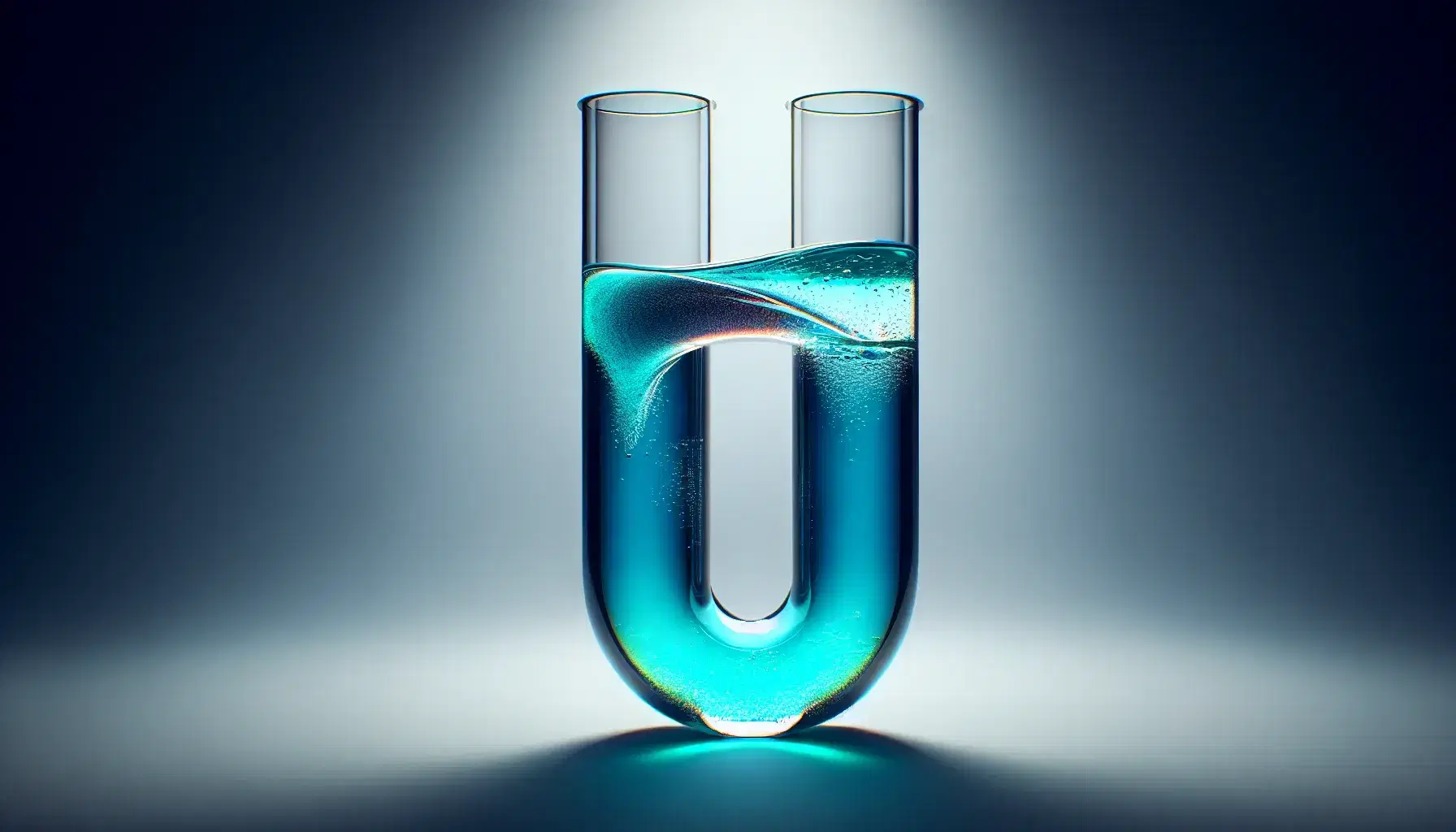 Tubo a U trasparente con liquido colorato in movimento che mostra l'effetto Bernoulli, con bolle d'aria e superficie curva del liquido.
