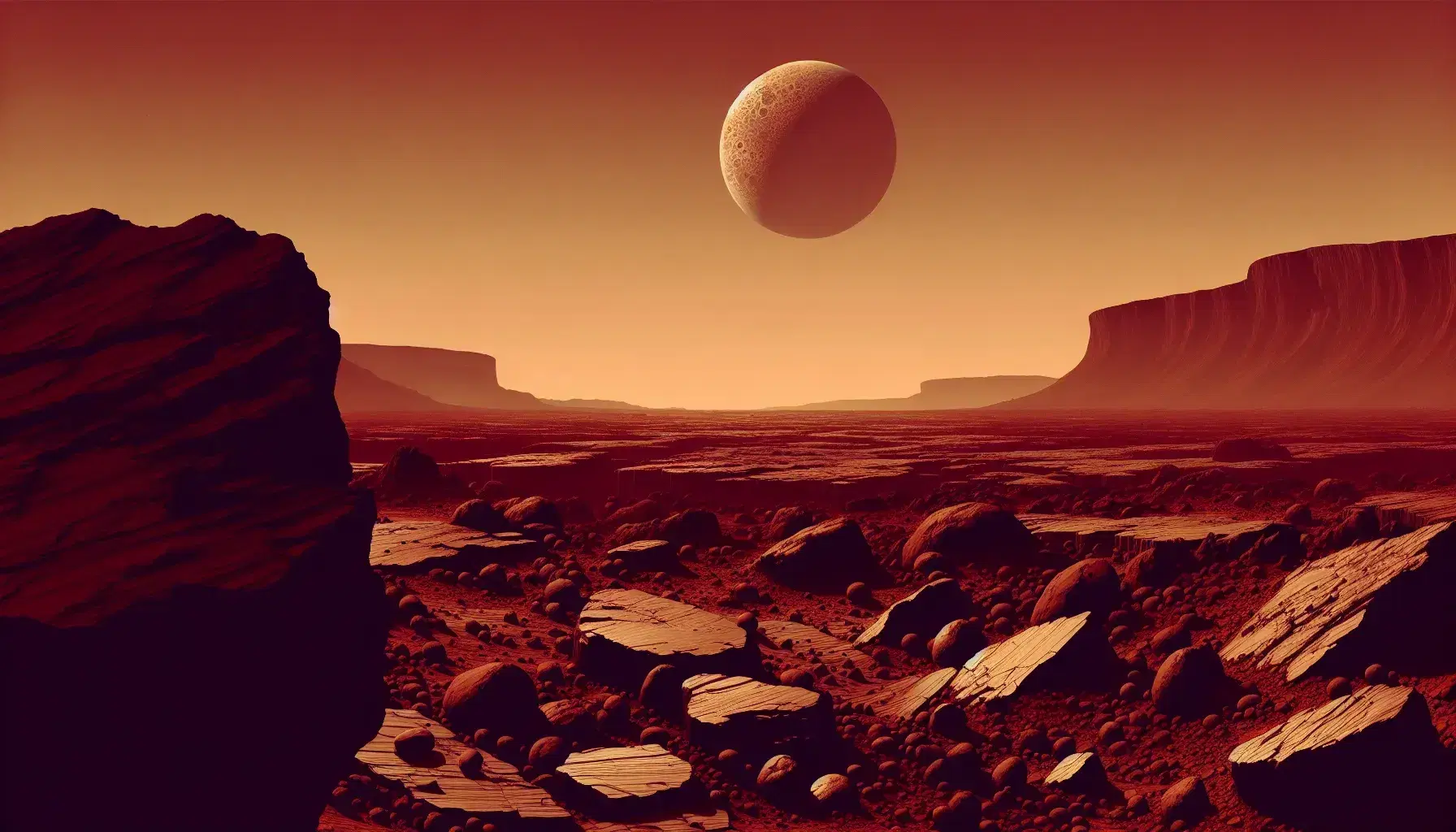 Terreno roccioso rosso-marrone con rocce sparse, cielo arancione sfumato e grande corpo celeste craterizzato visibile.