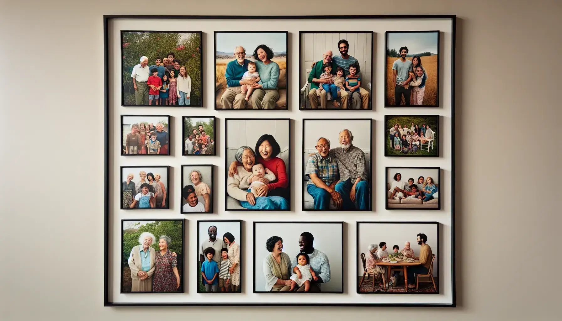 Collage of multigenerational and multicultural family portraits in black frames on beige wall, featuring scenes of joy and family connection.