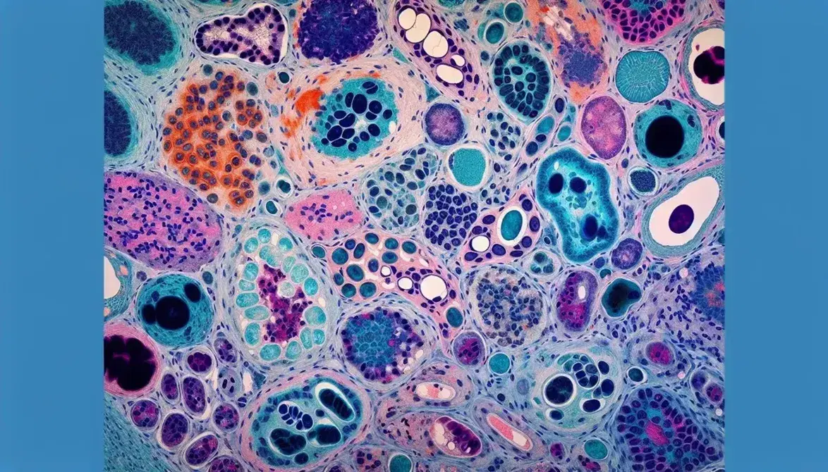 Microfotografia colorata di tessuto con cellule in varie fasi di divisione, nuclei scuri e citoplasma chiaro, cromosomi visibili, colori da blu a rosa.