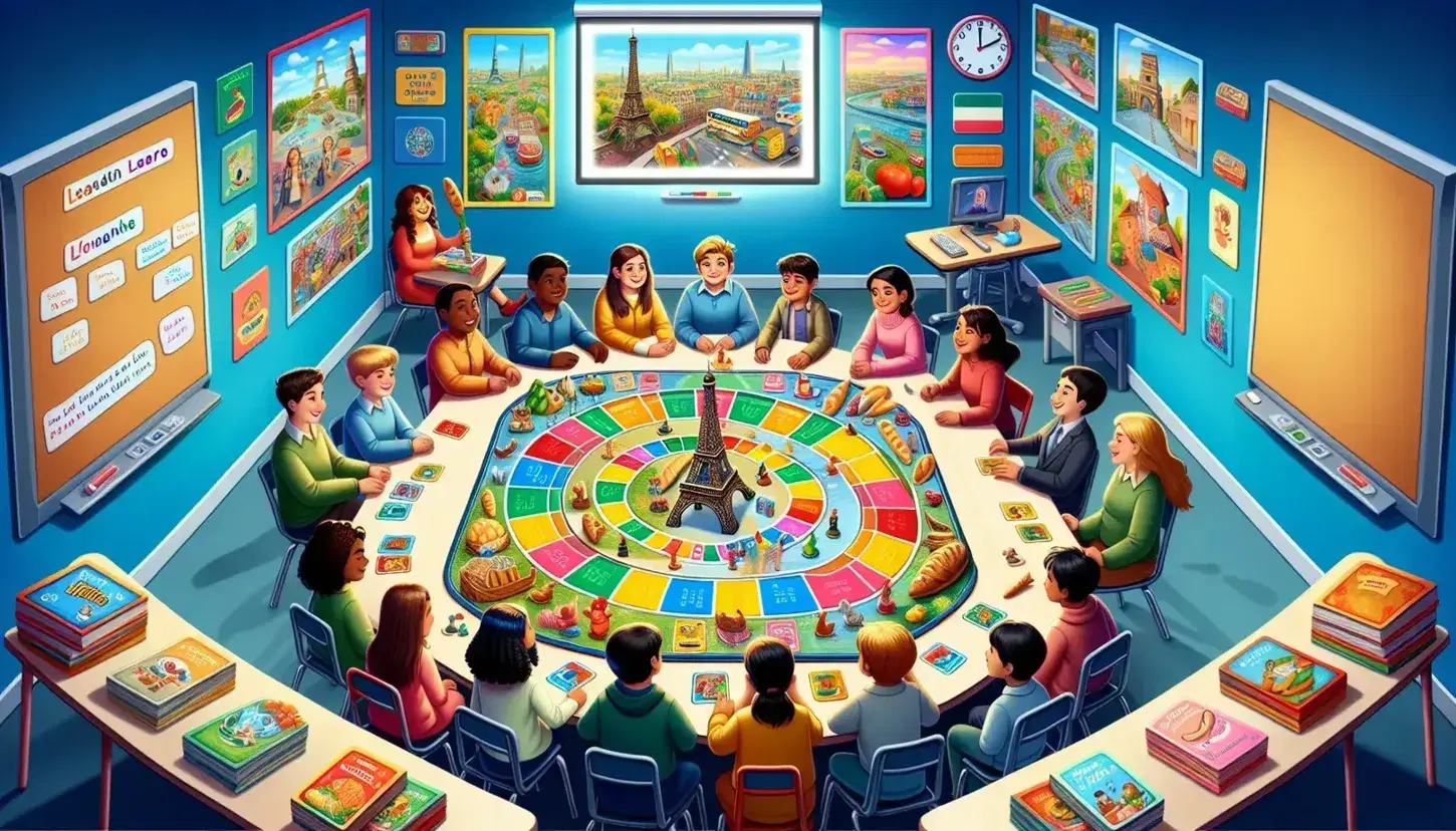 Diverse students play French-themed board games with landmark pieces and oversized cards with cultural images in a sunny, pastel-yellow classroom.