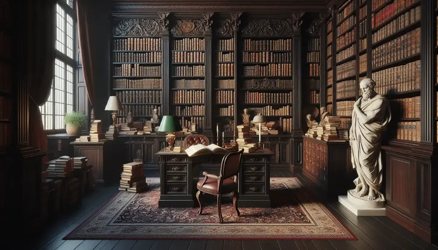 Biblioteca antica con scaffali in legno scuro pieni di libri rilegati, scrivania con libri aperti, statua marmorea, poltrona vellutata e tappeto persiano.