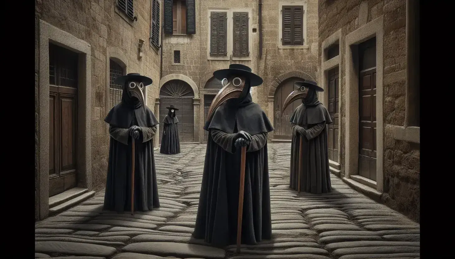 Plague doctors in beaked masks and black robes stand on a deserted cobblestone street with scattered medicinal herbs, under an overcast sky.
