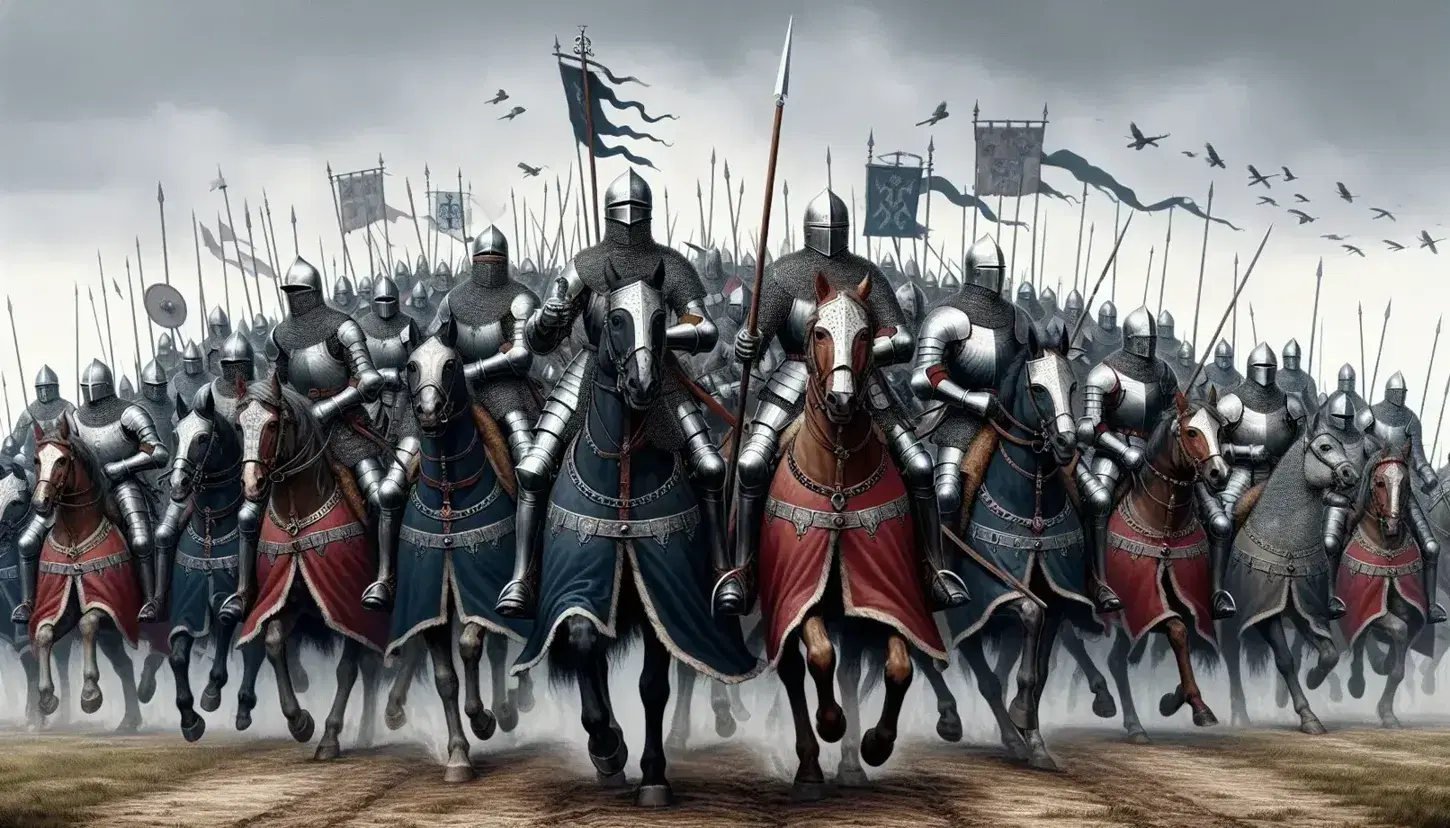 Medieval knights on horseback charge with lances, foot soldiers with pikes advance, and a trebuchet stands ready on a stormy, battle-scarred field.
