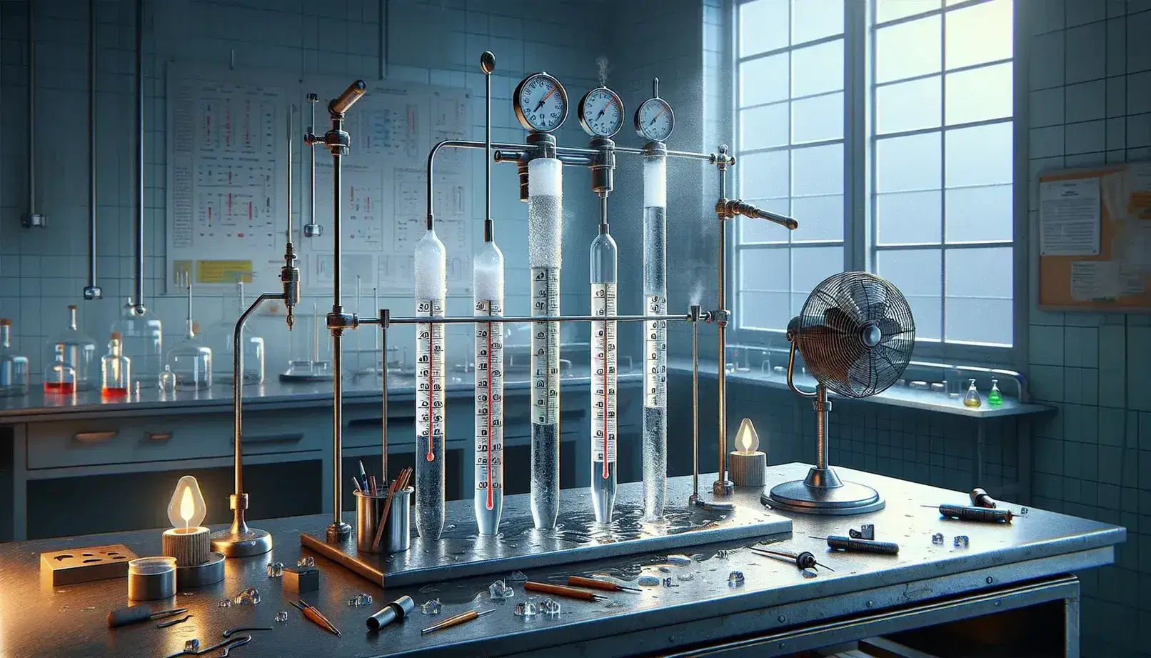 Laboratorio scientifico con termometri al mercurio in cilindri di metallo, vetro e plastica, sottoposti a diverse condizioni termiche.