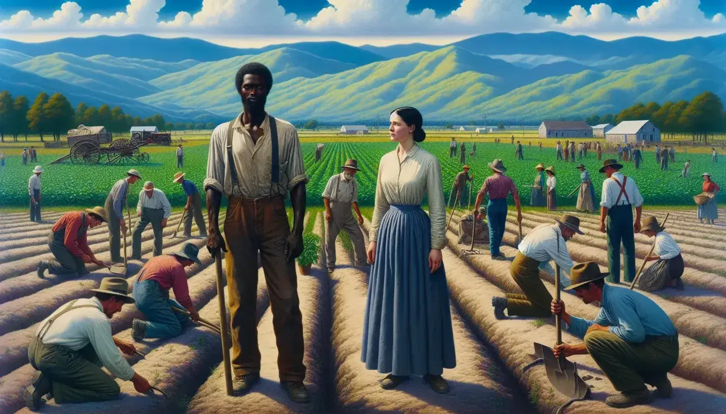 Grupo diverso de personas trabajando en campo agrícola con montañas al fondo, bajo cielo despejado al amanecer o atardecer.