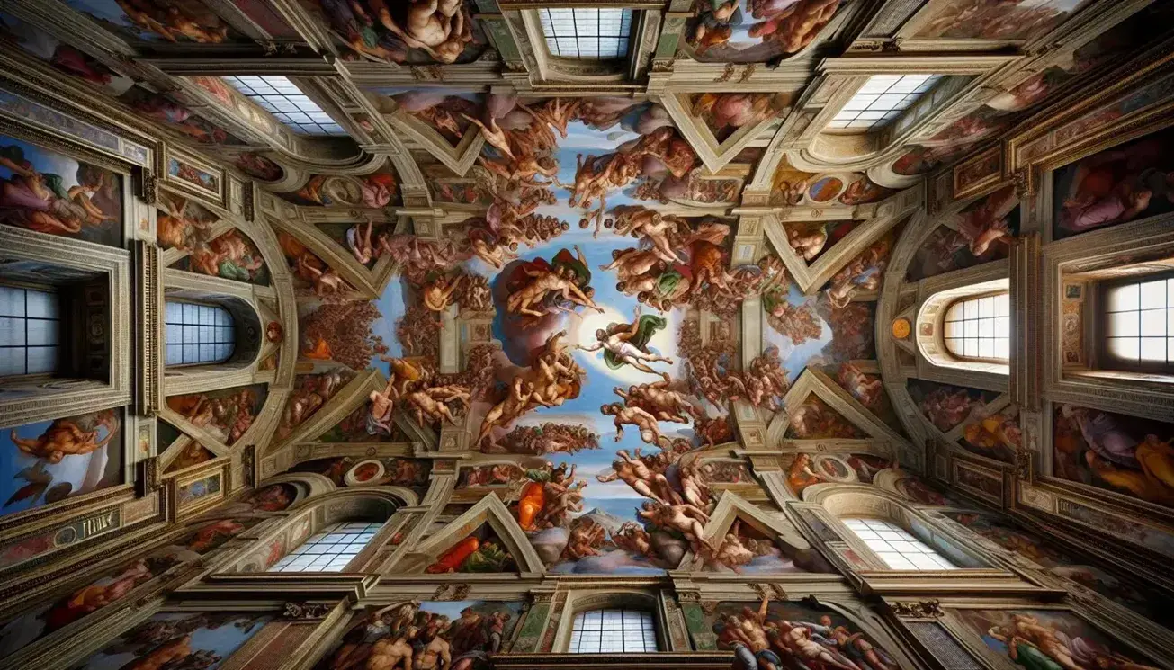 Affresco del Giudizio Universale di Michelangelo sulla volta della Cappella Sistina, con figure dinamiche e colori caldi illuminati dalla luce naturale.