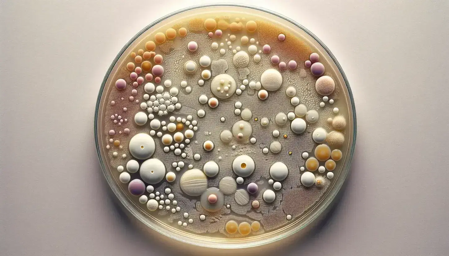 Colonia de bacterias procariontes en placa de Petri con agar, mostrando manchas de colores variados y texturas diversas, reflejo en tapa transparente.