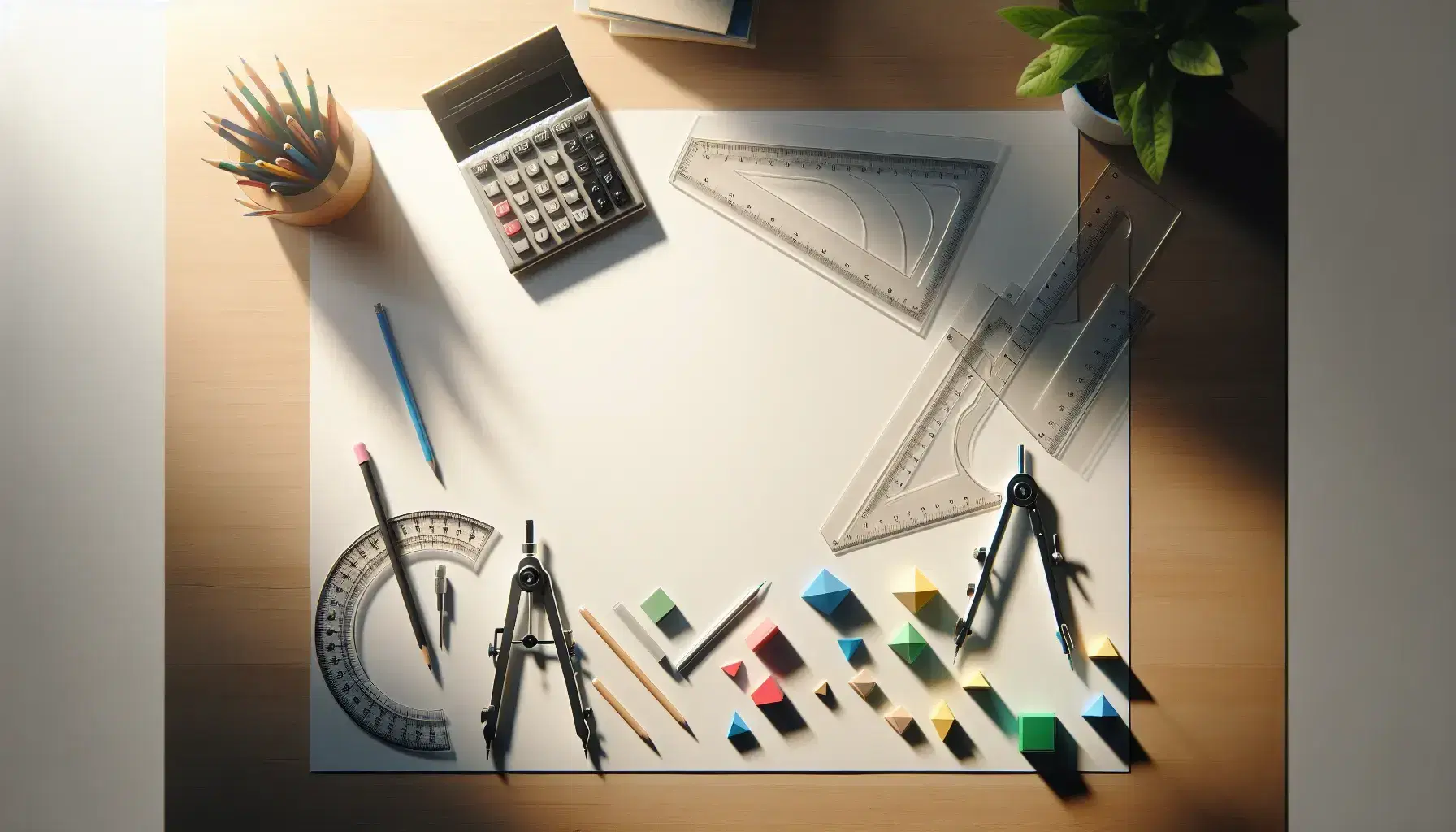 Organized wooden desk with mathematical tools, blank paper, compass, protractor, colorful geometric shapes, calculator, and a potted plant.