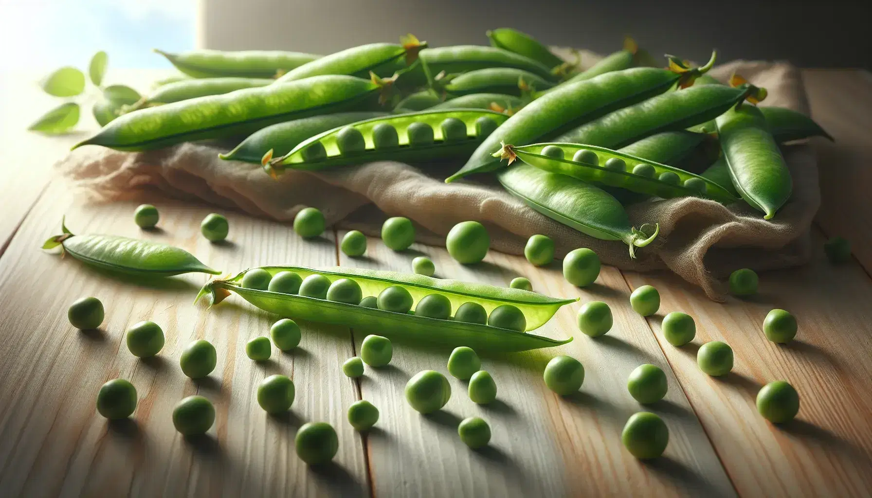 Guisantes verdes de distintos tamaños sobre superficie de madera clara, con vainas abiertas mostrando semillas alineadas y una vaina vacía en el centro.