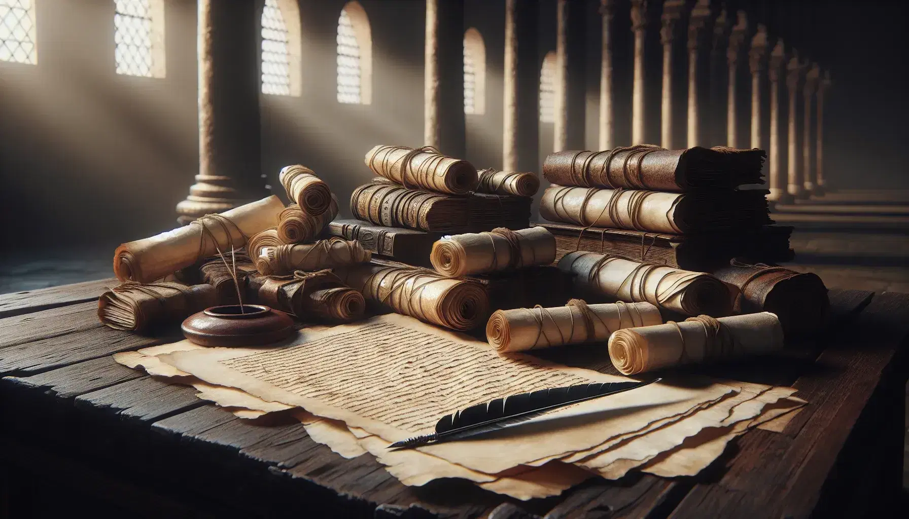 Manoscritti antichi e pergamene non scritte su tavolo in legno scuro con penna d'oca e calamaio terracotta, in ambiente storico illuminato.